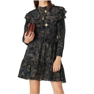 Nicholas Elsie Black Paisley Ruffle A-Line Long Sleeve Boho Mini Dress NWT
